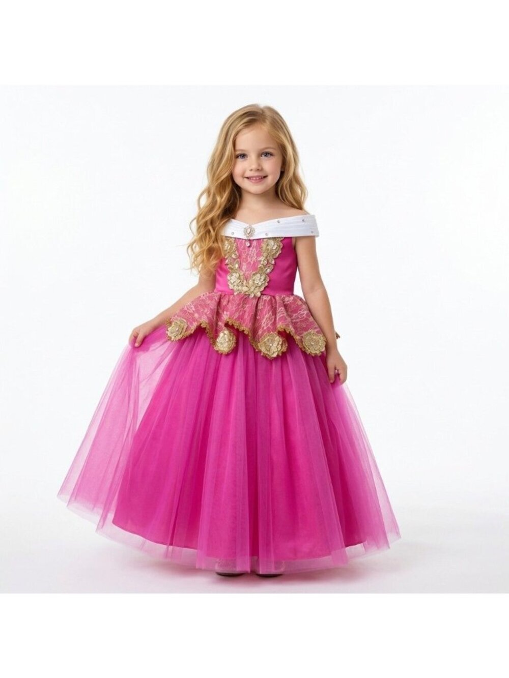 Girls Aurora Sleeping Beauty Princess Costume Dress Pink Gold Tulle Birthday Par